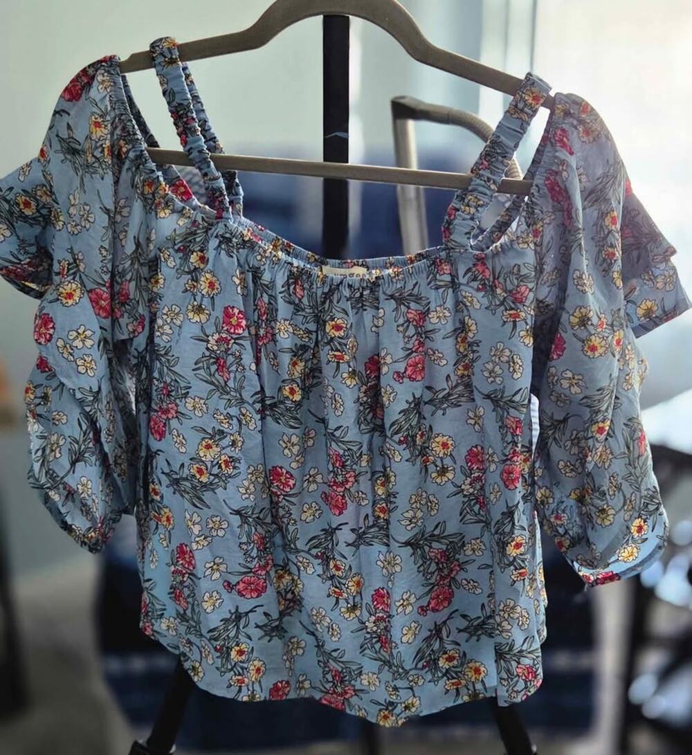 Umgee USA Blue Floral Off-Shoulder Boho Feminine Summer Vacation Blouse Top